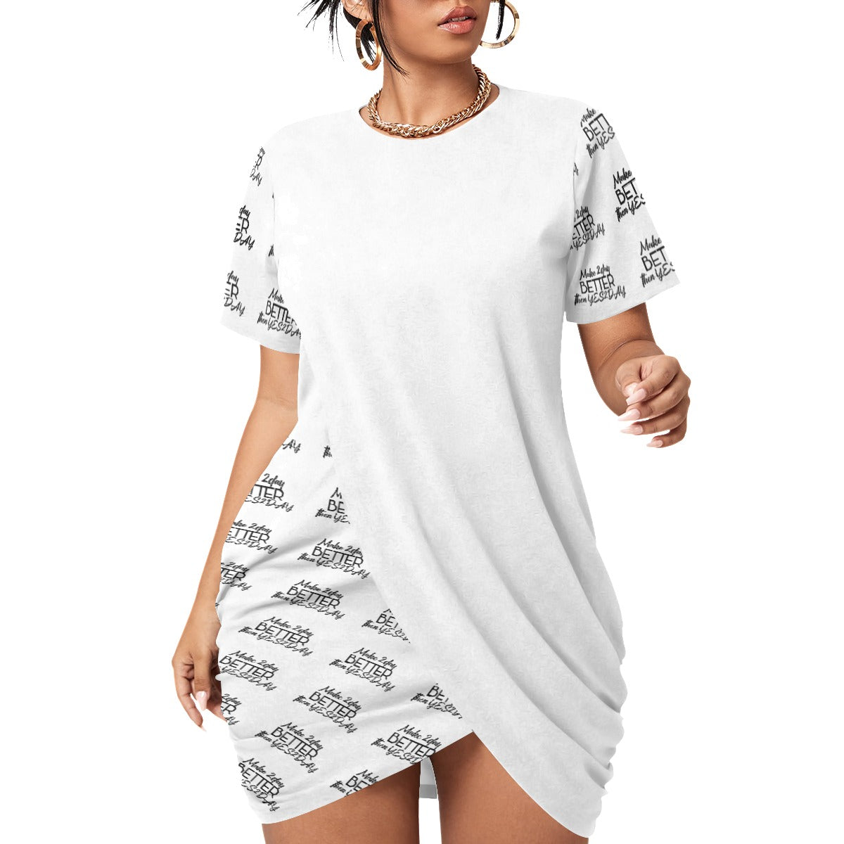 Women’s Make 2Day Better Then YES2DAY Stacked Hem Dress With Short Sleeve（Plus Size）