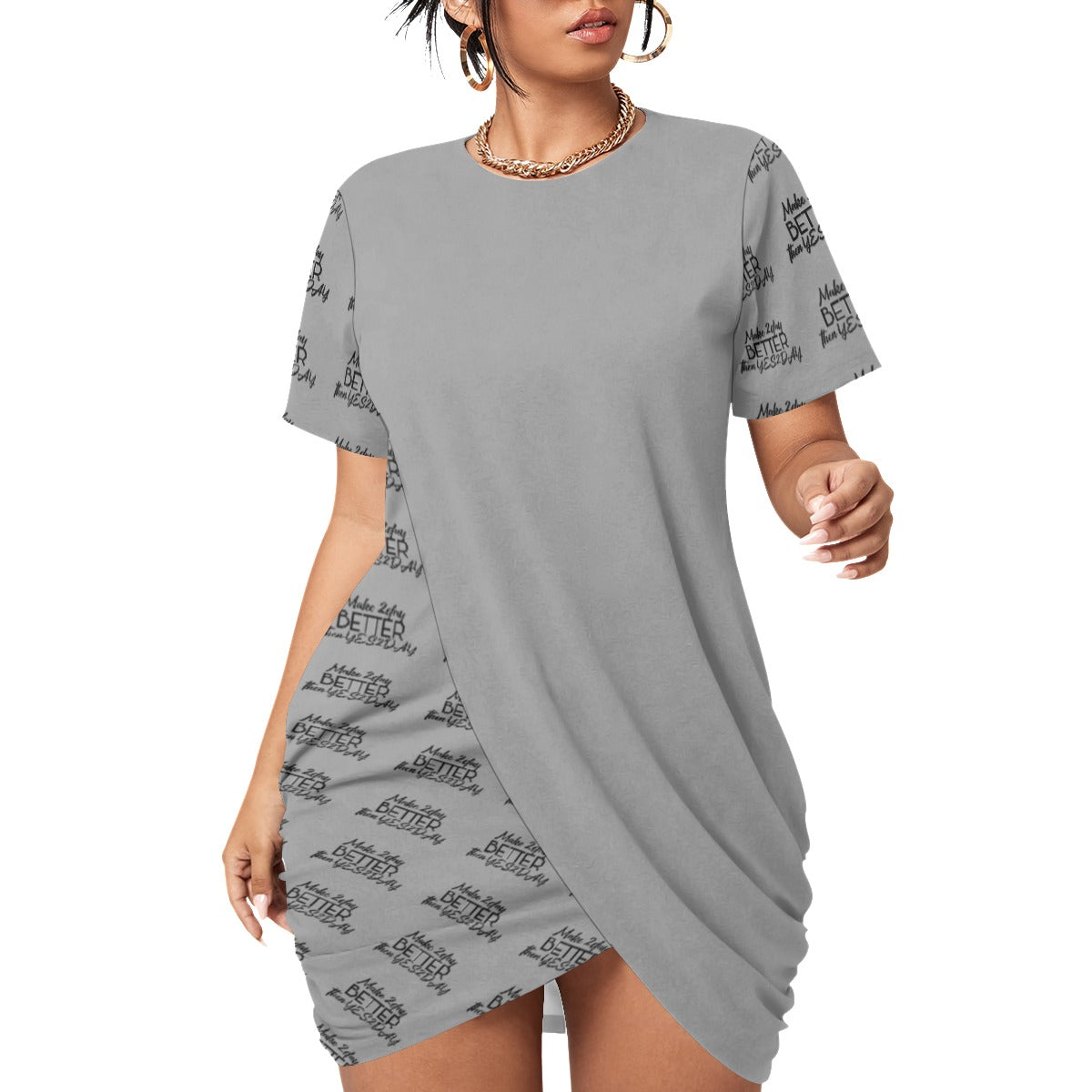 Women’s Make 2Day Better Then YES2DAY Stacked Hem Dress With Short Sleeve（Plus Size）